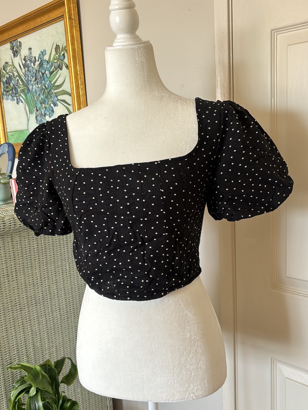 Black Polka Dot Square-Neck Puff Sleeve Crop Top